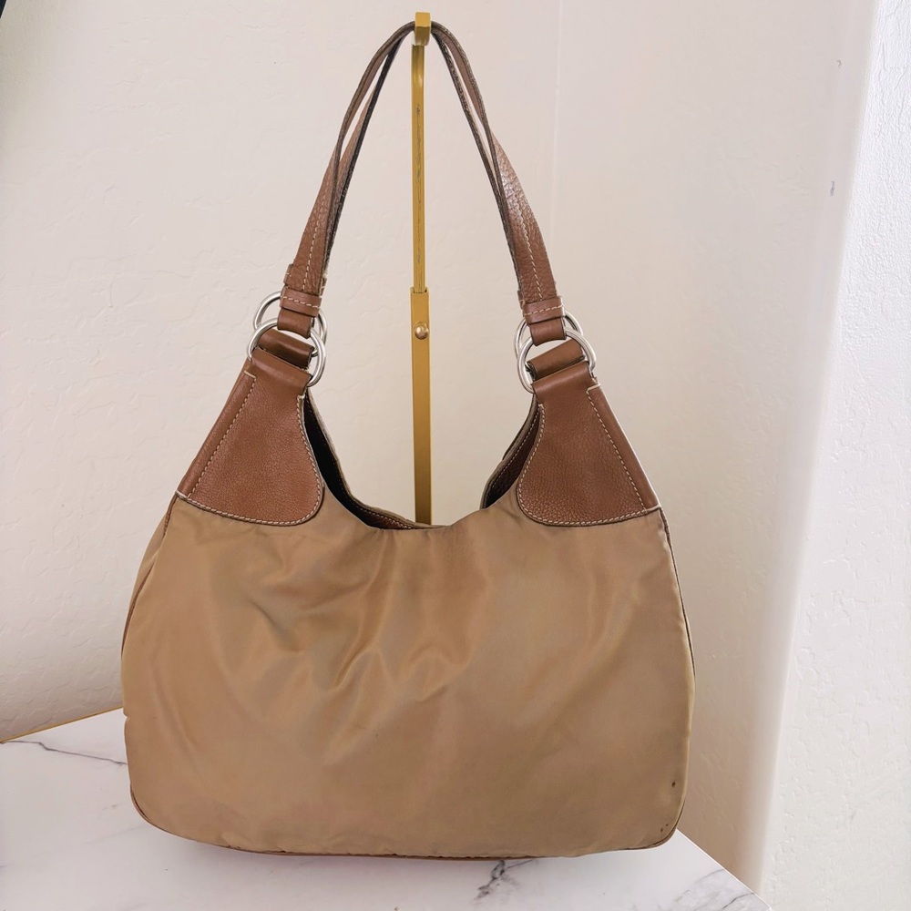 Prada Half Moon Hobo Bag Jumbo Logo Brown Tan Leather Nylon‎ Designer Luxury COA - Picture 4 of 15